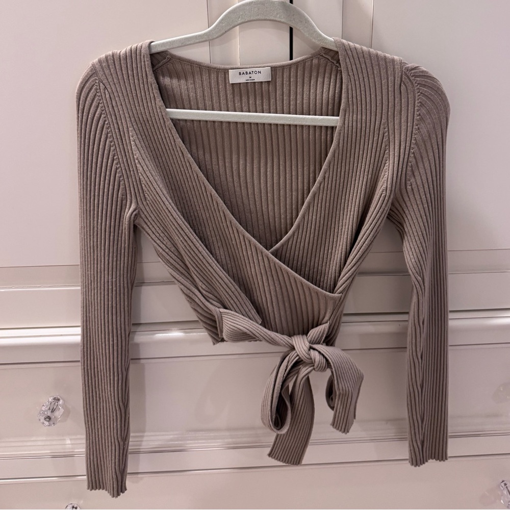 Babaton Tan Ribbed Wrap Sweater
